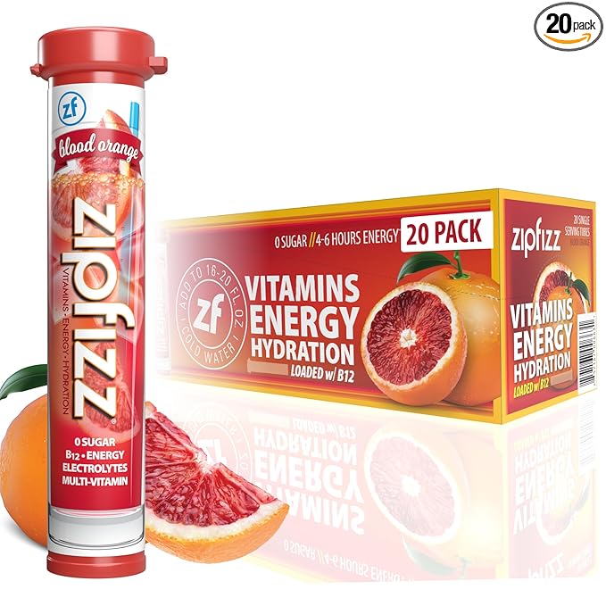 Zipfizz Daily Energy Drink Powder, Blood Orange, 20 Pack | 3-in-1 Sustained Energy, Rapid