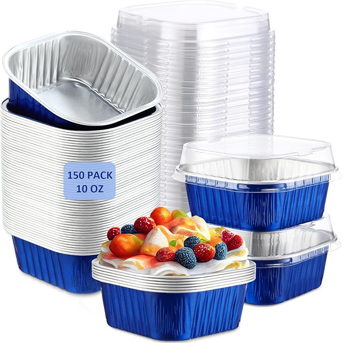 Aoriher 150 Pieces 10 oz Mini Cake Pans with Lids Aluminum Foil Baking Cups Square Disposable 4" x