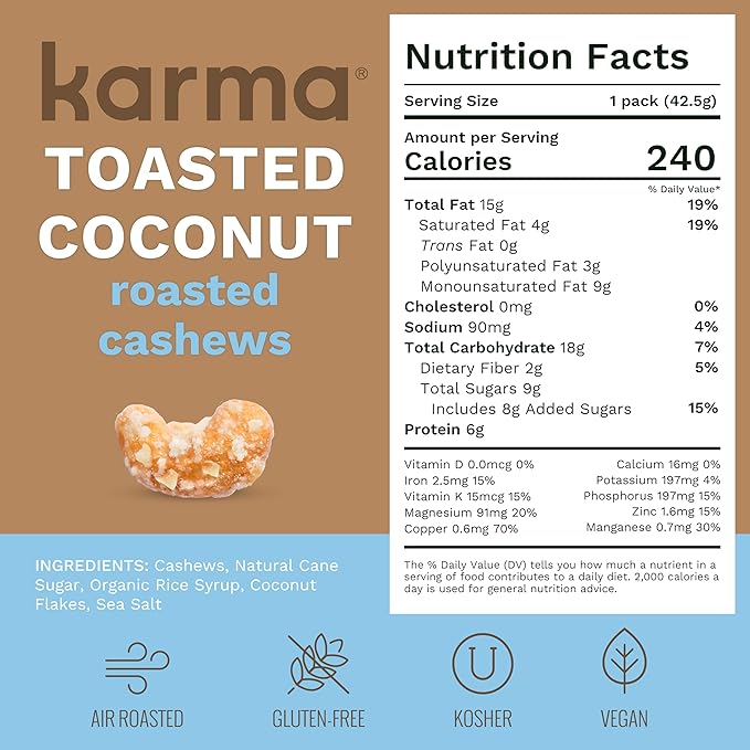 Toasted Coconut Cashews by Karma Nuts, Whole, Sweet, Roasted, Vegan, Gluten Free, Low Net Carb