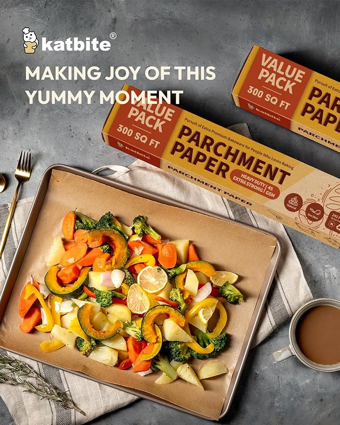 2 Value Pack 15in x 242ft, 300 Sq.Ft Unbleached Parchment Paper Roll for Baking, Katbite Parchment