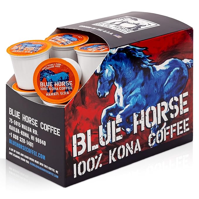 Blue Horse 100% Kona Coffee Pods, Medium Roast, 20ct Single Serve, Compatible with K Cups 2.0, Farm