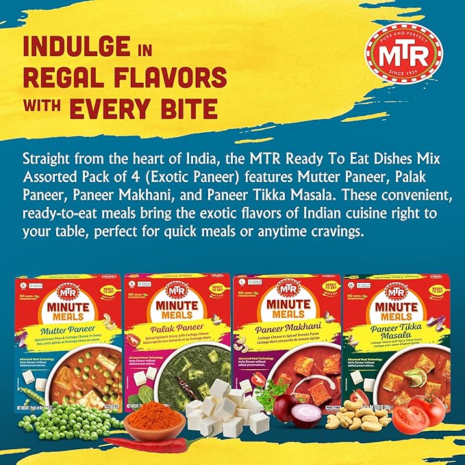 MTR Ready-To-Eat: Exotic Paneer Mix - Assorted Pack of 4 (Mutter Paneer, Palak Paneer, Paneer