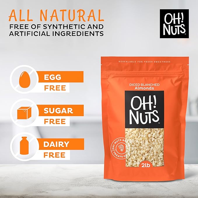 Oh! Nuts Almonds Diced Blanched - Raw - 100% Natural - 2 lb - High-Protein Diced Almonds - Packed