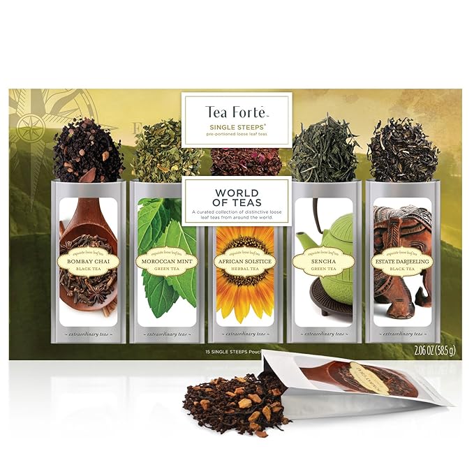 Tea Forte World of Teas Single Steeps Loose Leaf Premium Tea Gift Set Sampler, 15 Count 3 of Each