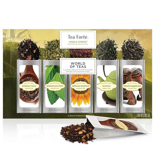 Tea Forte World of Teas Single Steeps Loose Leaf Premium Tea Gift Set Sampler, 15 Count 3 of Each