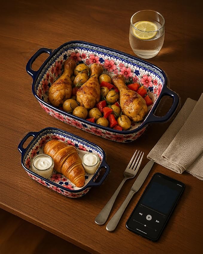 Ceramic Baking Dish Set of 2 ??Decorative Polish Pottery Style Casserole Dishes with Handles, Cute