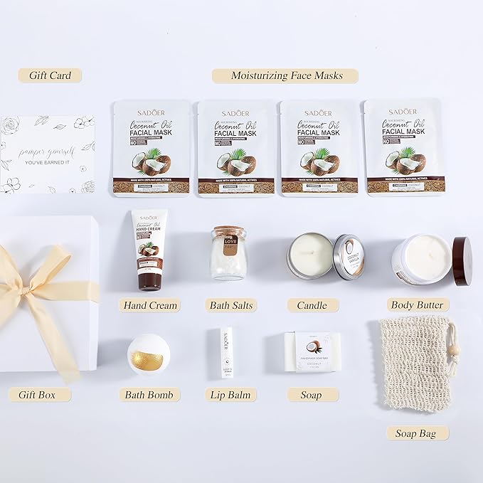 Coconut Spa Gifts for Women Birthday Self Care Kit Christmas Gifts Basket Thank You Relaxing Bath