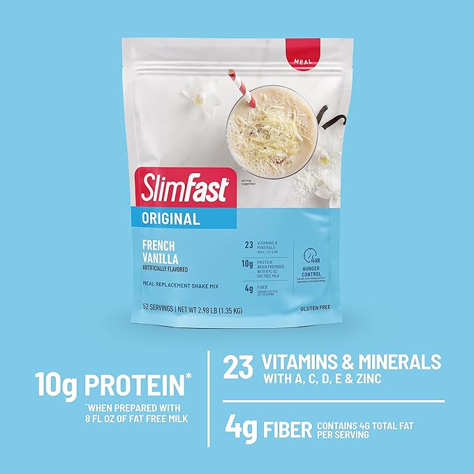 SlimFast Meal Replacement Powder, Original French Vanilla, Shake Mix, 10g of Protein, 52 Servings