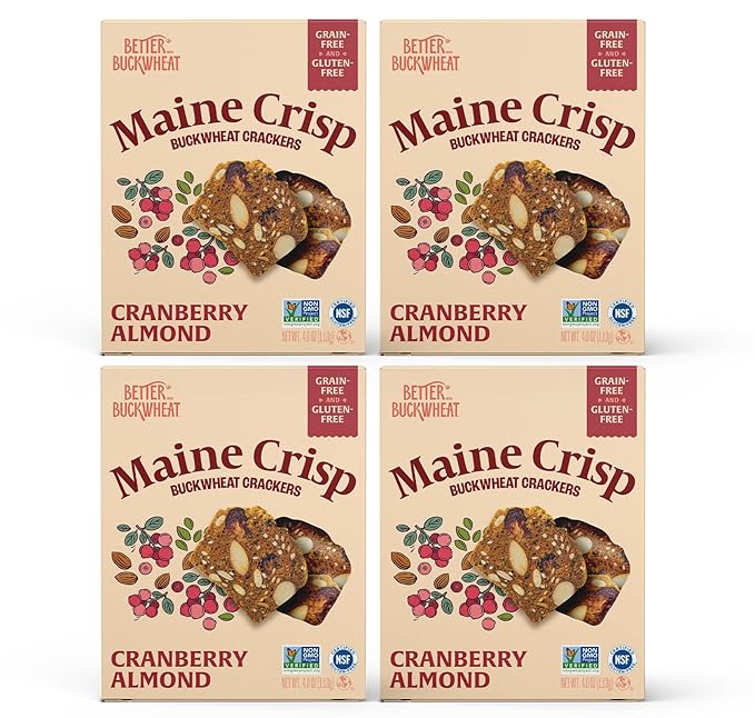 Maine Crisp Cranberry Almond Crisps, 4 Pack - Snack Crackers, Grain Free, Non-Gmo - Sweet & Savory