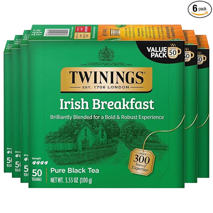 Twinings Irish Breakfast Black Tea Individually Wrapped Bags, 50 Count (Pack of 6), Flavourful