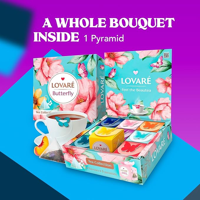 LOVARE Assorted Tea Pyramid Bags 45 Pack - Made in Ukraine - 9 Tastes of Tea Sampler Pyramids