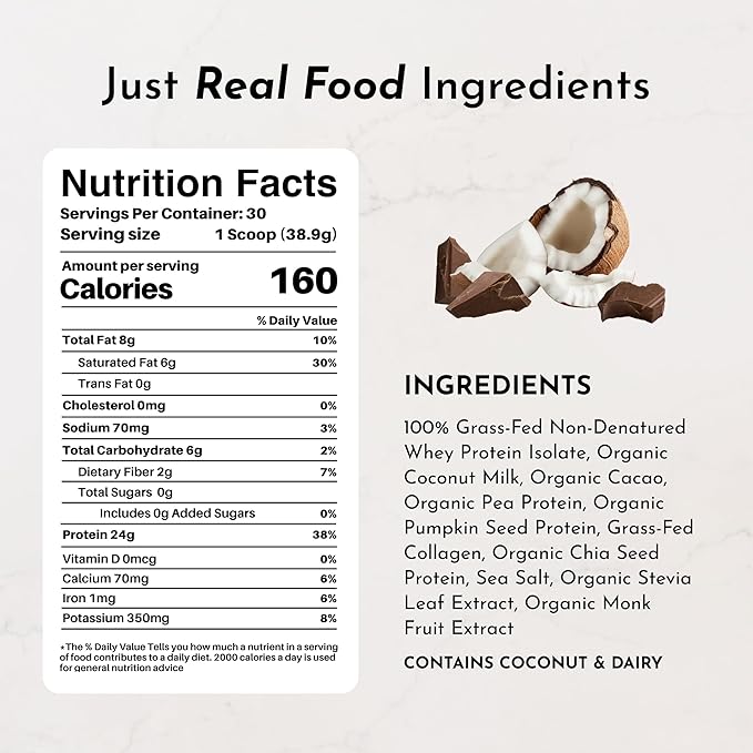 JUST INGREDIENTS Coconut Chocolate Protein Powder ??30-Serving Blend with 100% Grass-Fed Whey &