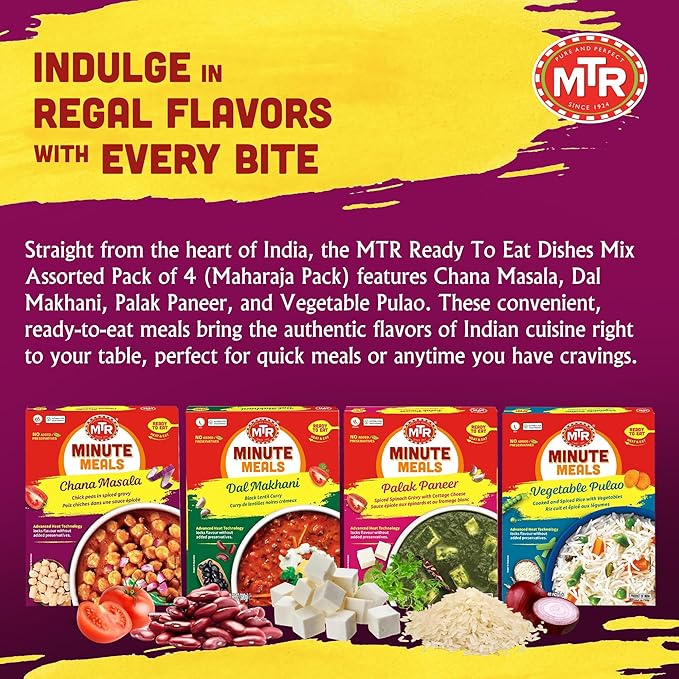 MTR Ready-To-Eat: Maharaja Pack - Assorted Pack of 4 (Chana Masala, Dal makhani, Palak Paneer
