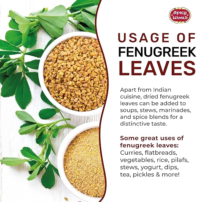 Spicy World Dried Fenugreek Leaves (Kasoori Methi) 3.5oz Box (100g) - All Natural | Vegan | Gluten