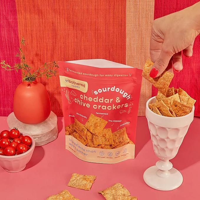 Unbothered Foods Cheddar & Chive Sourdough Crackers - Gut-Friendly & Easy to Digest, Non-GMO, No