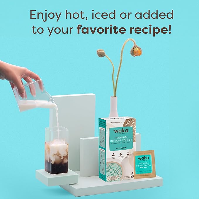 Waka Premium Instant Coffee Sachets — 100% Arabica Freeze Dried Beans — For Hot or Iced Coffee (8