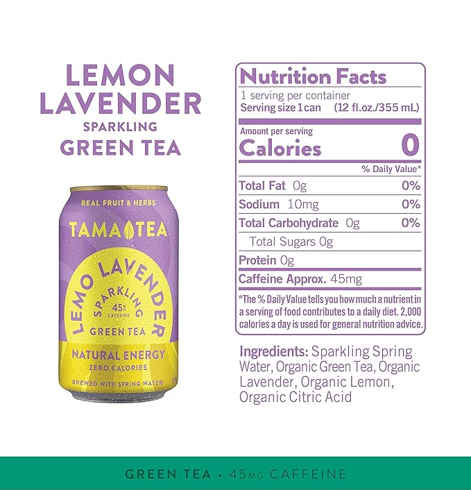 Tama Tea Sugar-Free Sparkling Green Tea, Lemo Lavender – Organic & Naturally Energizing – Zero