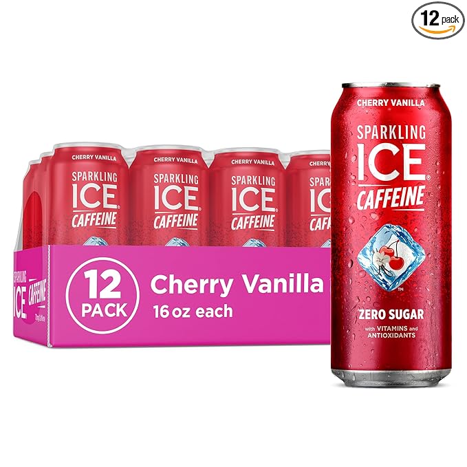 Sparkling Ice Caffeine Cherry Vanilla Sparkling Water with Caffeine, Zero Sugar, with Antioxidants