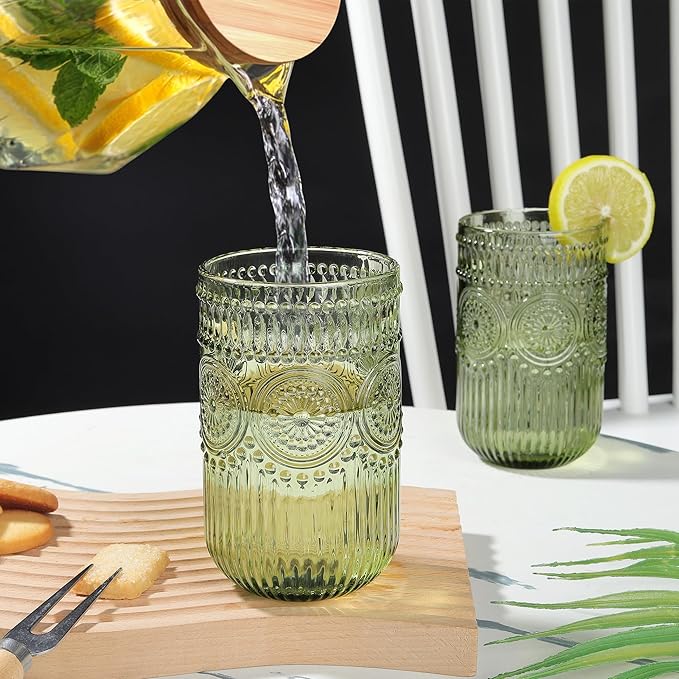 Joeyan Vintage Green Drinking Glasses Set of 4,14 oz Embossed Sunflower Beaded Highball Glass Water