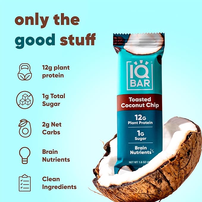 IQBAR Brain and Body Plant Protein Bars - Toasted Coconut Chip - 12-Count Low Carb - Gluten Free