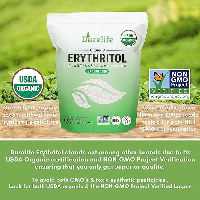 Durelife USDA organic erythritol sweetener, non gmo verified, Keto certified, No After Taste