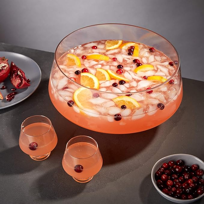Viski Footed Glass Punch Bowl, Heavy Base Large Punch Bowl with Angled Design, Party Serveware for