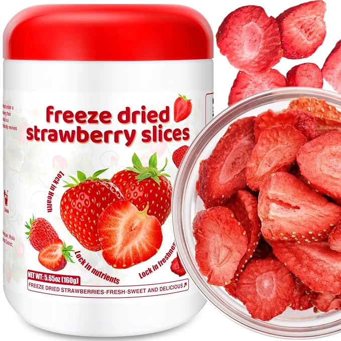 Freeze-Dried Strawberry Slices 5.6oz Jar - 100% Natural Crispy Strawberry Fruit Snack, Vegan