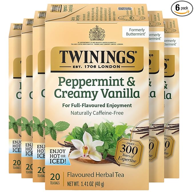Twinings Peppermint & Creamy Vanilla Herbal Tea Individually Wrapped Bags, 20 Count (Pack of 6)