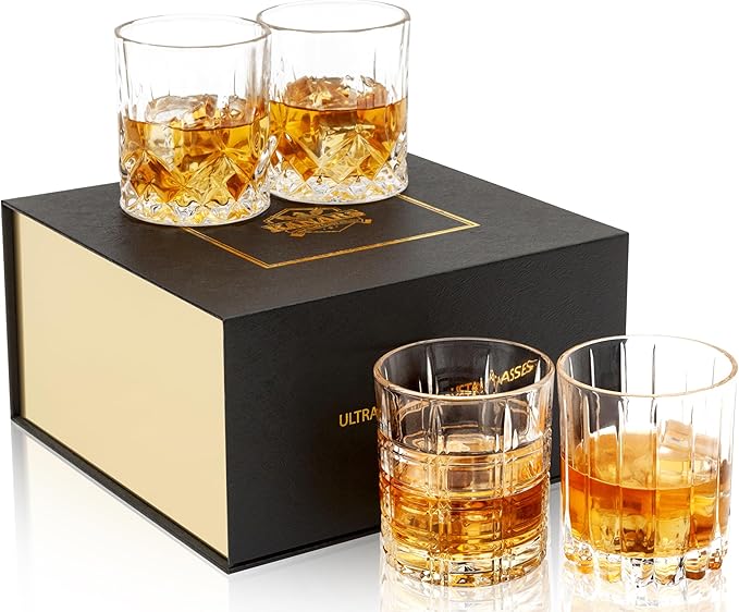KANARS Old Fashioned Whiskey Glasses - Multi Designs Bourbon Glass 10 oz with Luxury Box - Ultra