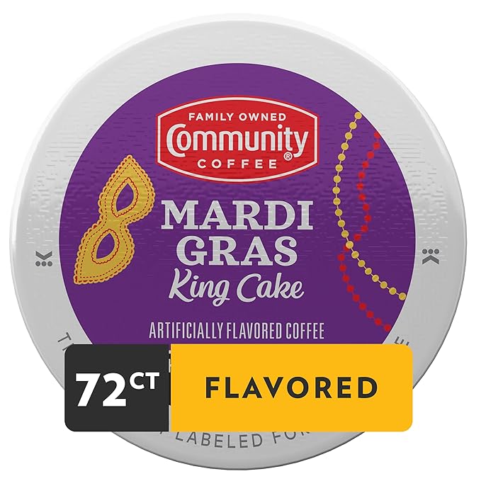 Community Coffee Mardi Gras King Cake Flavored 72 Count Coffee Pods, Medium Roast, Compatible with