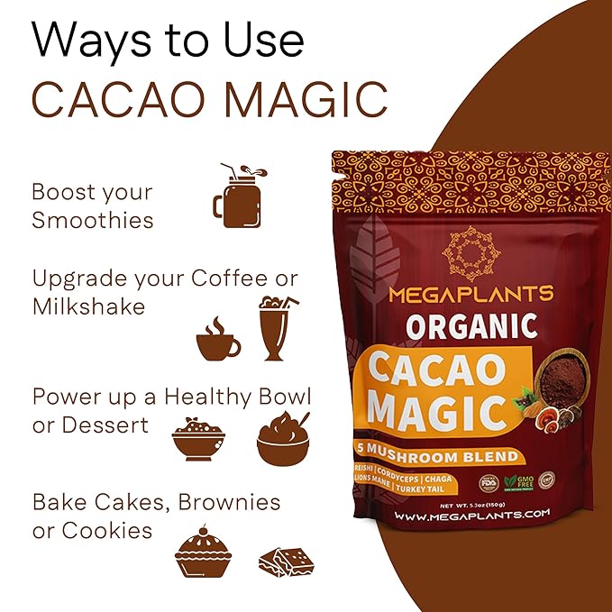 MegaPlants Cacao Magic (50 Servings) | Superfood 5 Mushroom Blend | Lions Mane, Reishi, Chaga