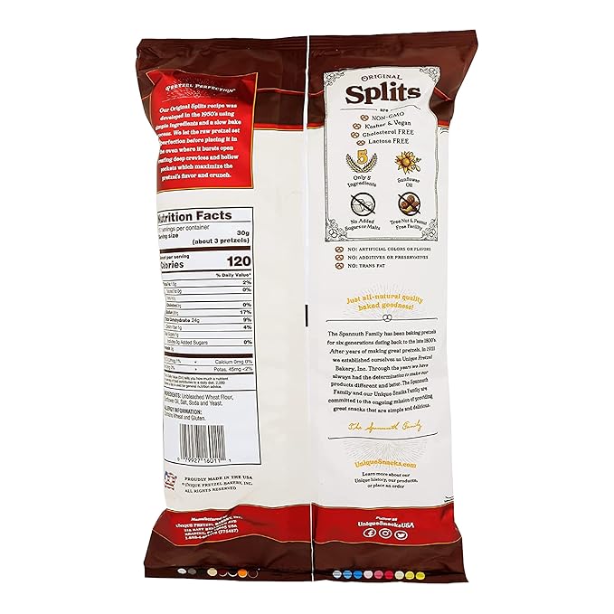 Unique Snacks Original Splits Pretzels, Delicious Homestyle Baked Snack Bag, OU Kosher, and Non-GMO