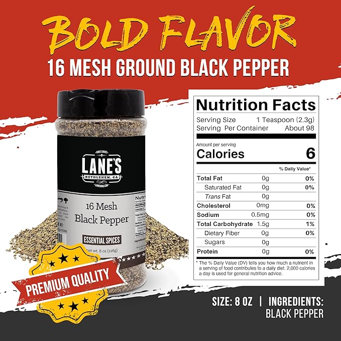 Lane's 16 Mesh Ground Pepper Seasoning, All-Natural Coarse Black Pepper Ground Spice, No