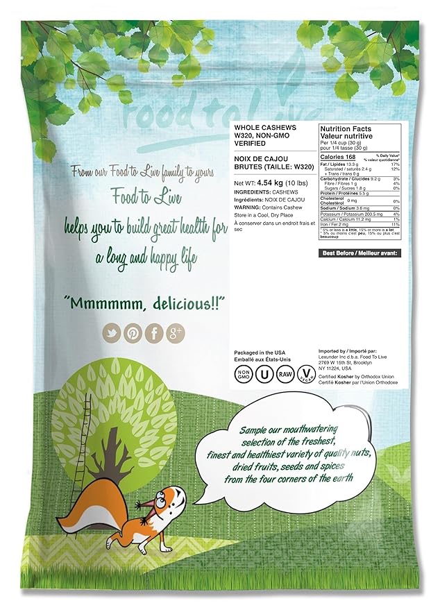 Food to Live - Raw Cashews, 10 Pounds ??Deluxe Whole Nuts, Unsalted, Unroasted Fancy Snack, Size