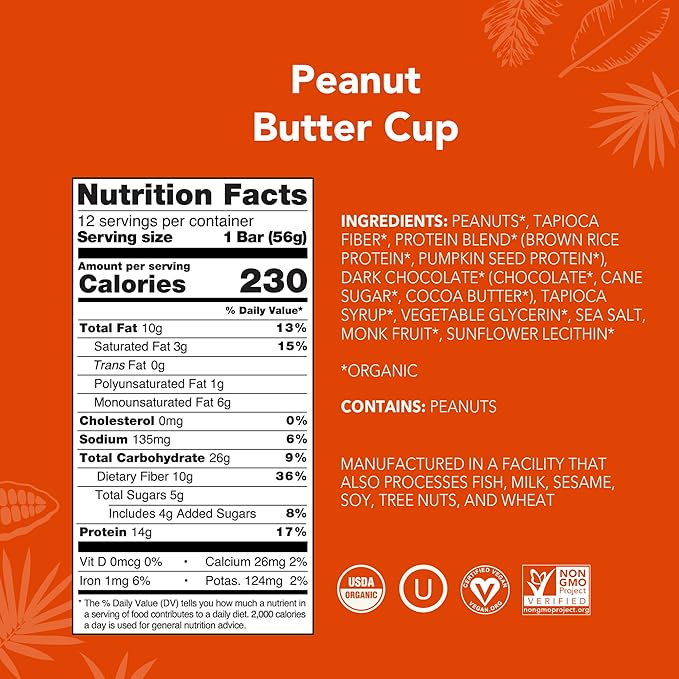 ALOHA Organic Plant Based Protein Bars - Peanut Butter Cup Bar - 12 Bars, Vegan, Low Sugar