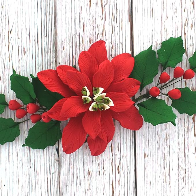 Global Sugar Art Large Poinsettia Christmas Kit Sugar Cake Flowers & Holly Leaf Sprays, 3 Piece Set