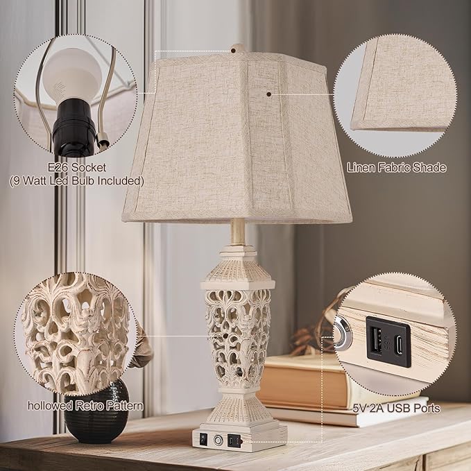 AIDENOEY Farmhouses Table Lamp with USB & USB-C Charging Ports, 3-Color Dimmable & Stepless Bottom