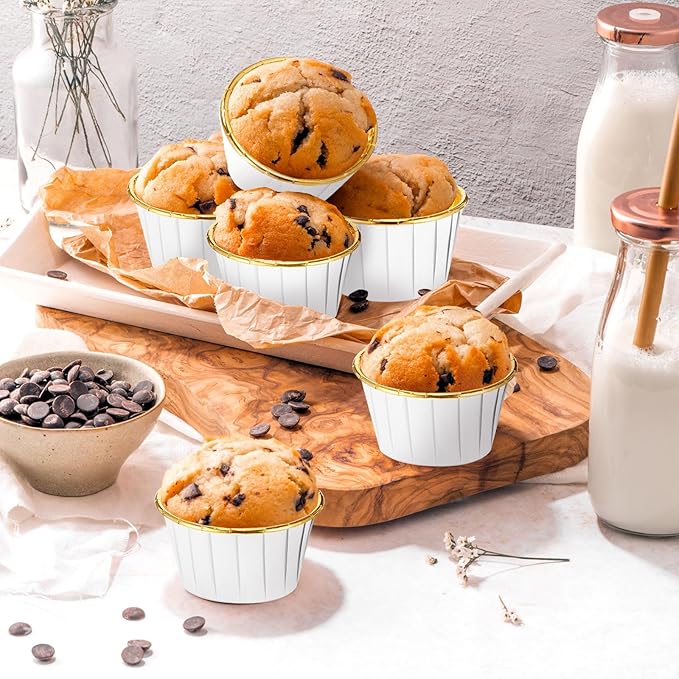 300 Pack White Gold Cupcake Liners Bulk Disposable Foil Muffin Cups 3.5 oz Wrappers for Baking