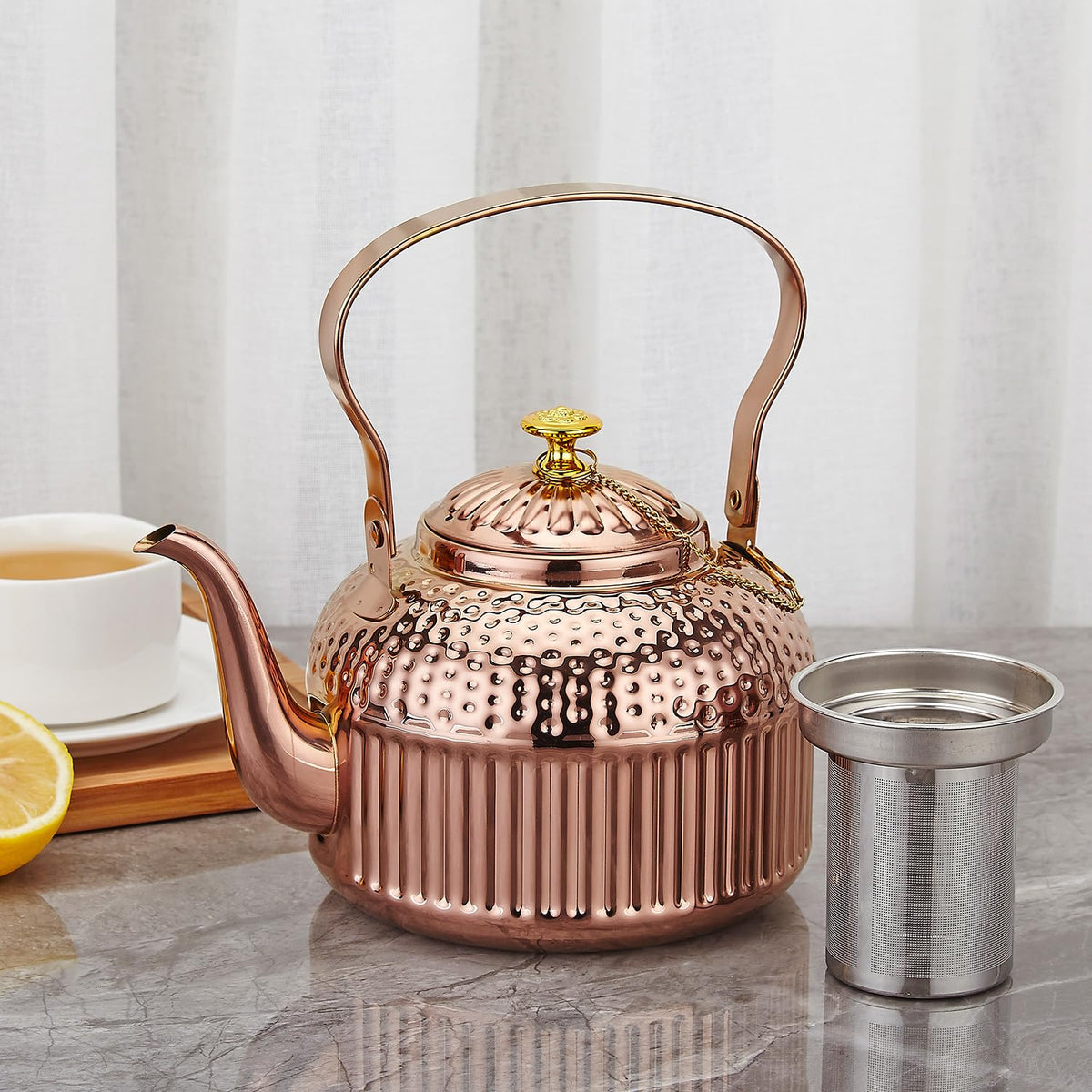 SANQIAHOME Antique 1.4L (45 Oz) Stainless Steel Teapot with Infuser Copper
