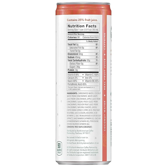 Starbucks - RTD Coffee, Refreshers with Cocounut Water, Peach Passion Fruit, 12 fl oz. cans (12