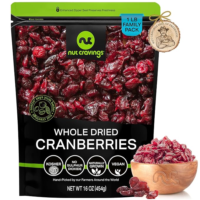 NUT CRAVINGS - Sun Dried Whole Cranberries, Lightly Sweetened, Unsulphured (16oz, 1 LB) Bulk Dry