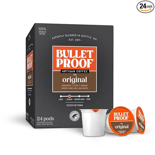 Bulletproof Original Medium-Roast Single-Serve Coffee Pods, 24 Count, 100% Arabica Beans, Clean