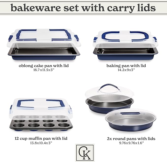 Country Kitchen Baking Pans Set - 10 Piece Non-Stick Cake Pans with Carry Lids for Easy Storage &