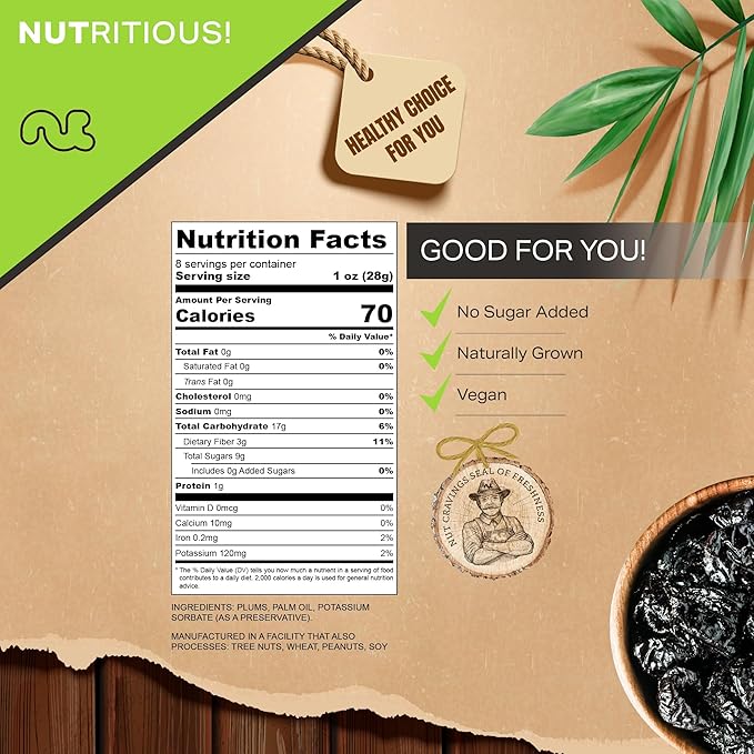 NUT CRAVINGS - Dried Prunes Pitted Unsweetened, Dry Plums No Sugar Added, Unsulphured (8oz, 1 Pack)