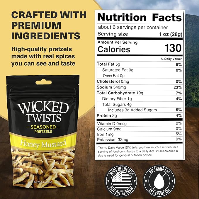 Wicked Twists Honey Mustard Seasoned Pretzels Twists 5.5 oz (3 Pack) Snack Pretzel Sticks Rods