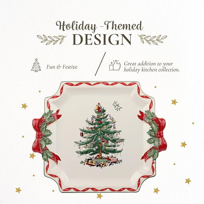 Spode Christmas Tree Ribbons Square Platter with Bow Handles - 11-Inch Holiday Serving Plate for