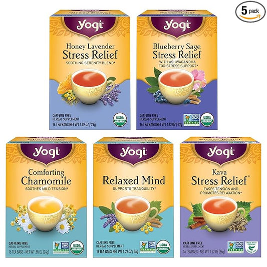 Yogi Tea Stress Relief & Relaxation Variety Sampler - 16 Bags per Pack (5 Packs) - Organic Relaxing