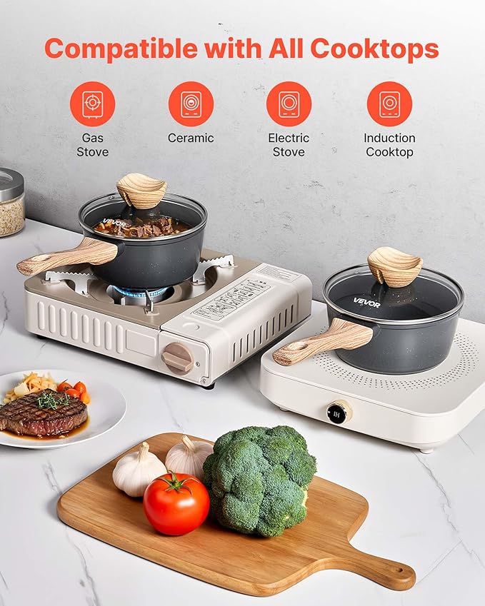 VEVOR 1.5 QT Saucepan, Nonstick Saucepan with Tempered Glass Lid, Multipurpose Cooking Sauce Pot