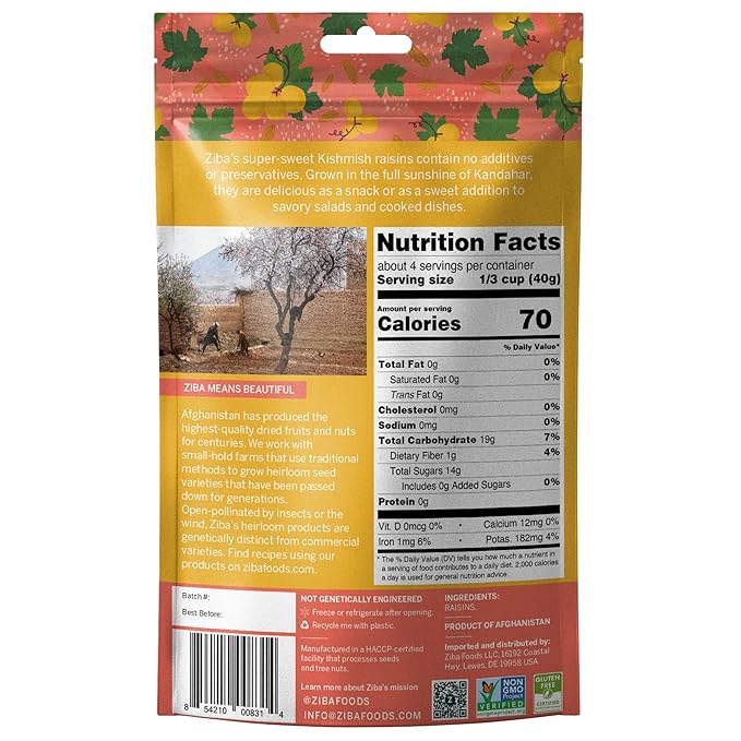Ziba Foods Kishmish Raisins | Non-GMO, Vegan, Whole 30 Friendly & Paleo | Superfood Dry Fruit