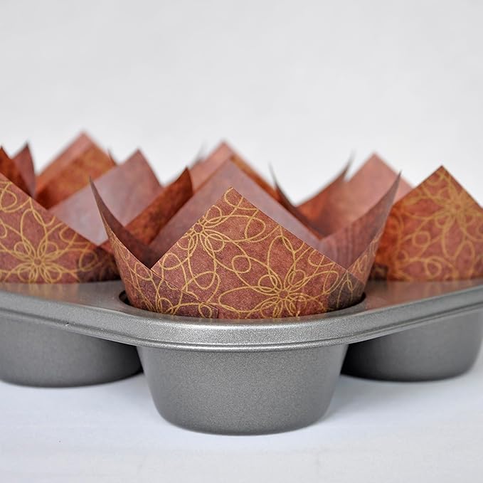 (JUMBO Large size) Brown Golden pattern Tulip Baking Cups 2-1/4"(Base diameter) x 3-3/4"(Wall